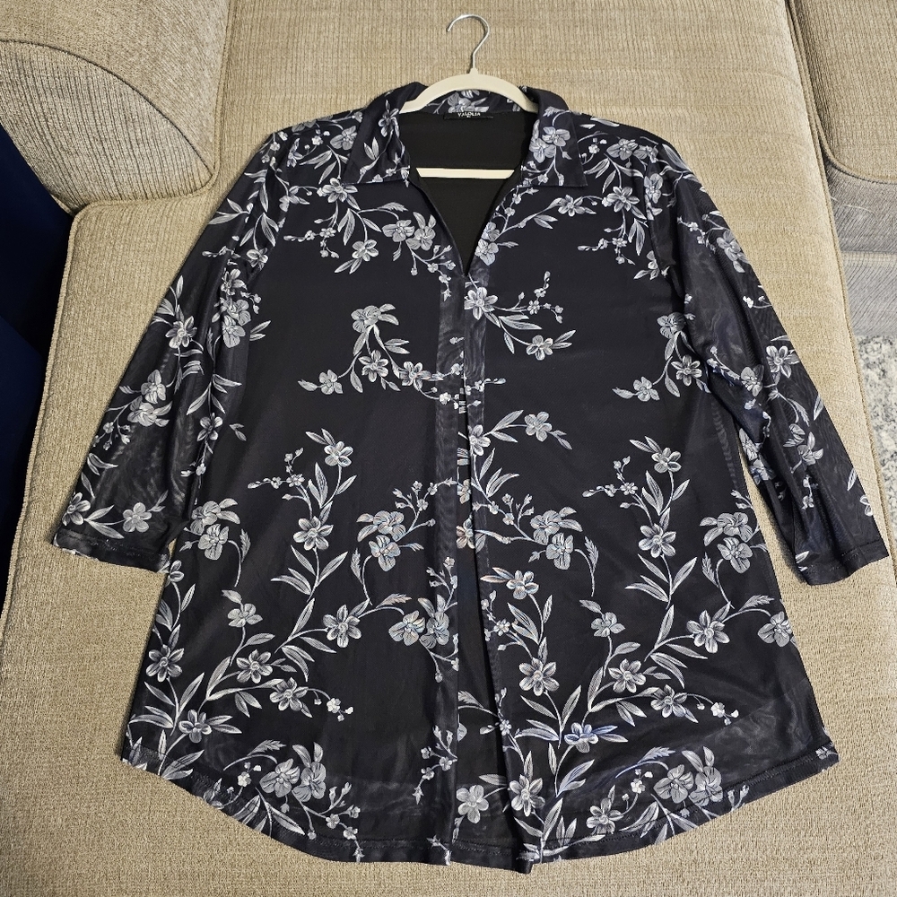 Valolia Black Gray Floral Lined Boho Casual Office Career Top Size XL